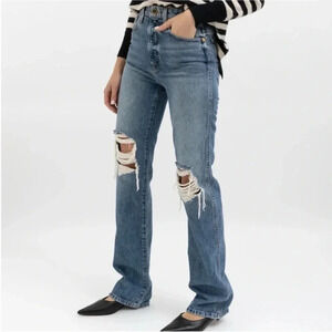KHAITE Danielle High-Rise Straight Jeans Ripped Distressed Denim Blue Jeans